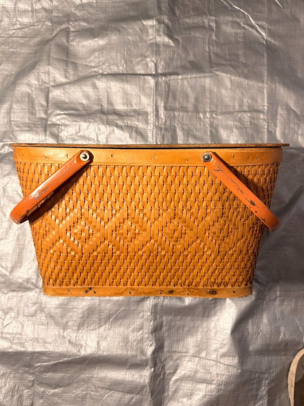 Vintage Red-Man Woven Picnic Basket Orange Interior Folding Handles Peru Indiana
